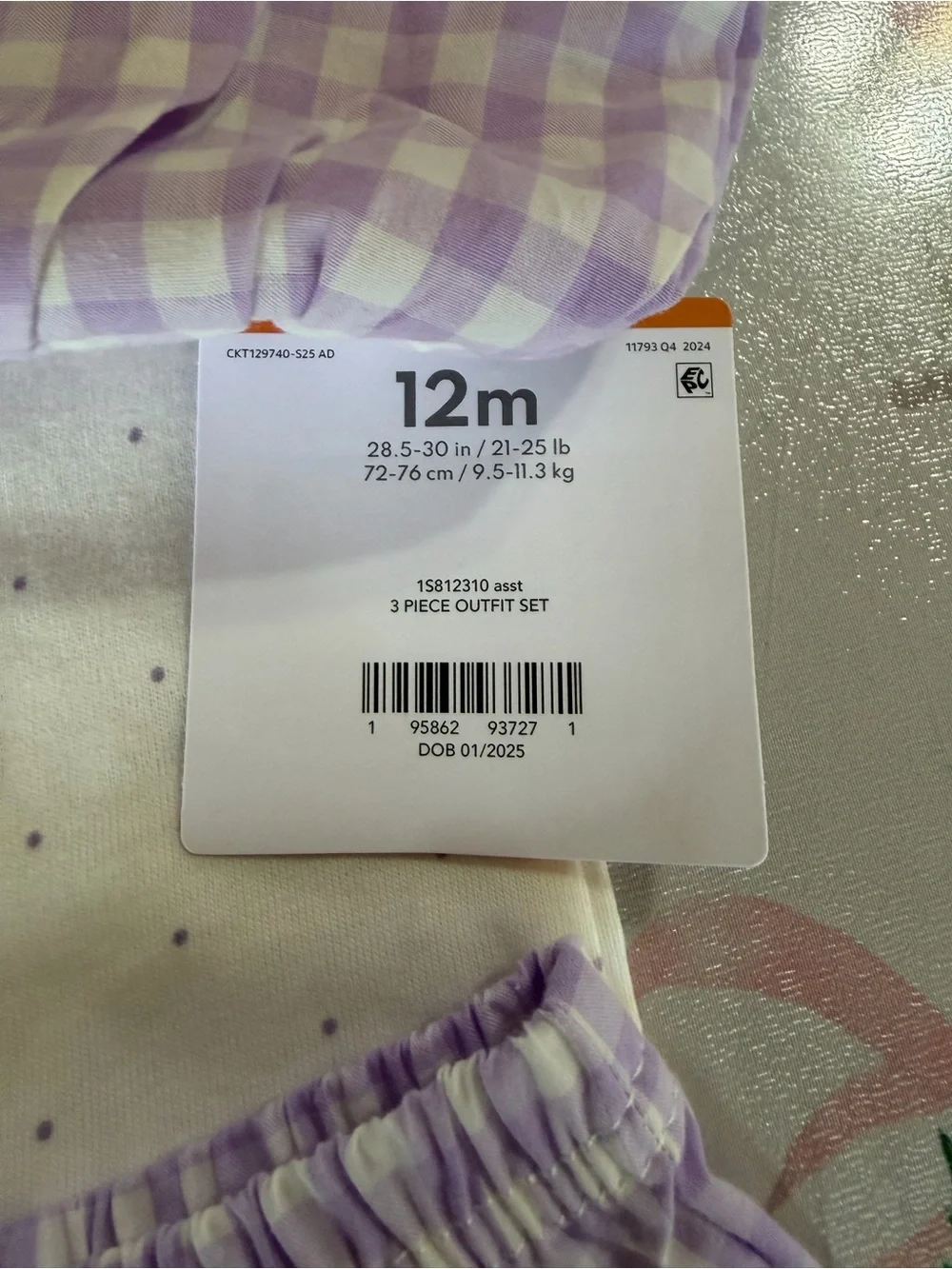 Carter's Lavender Gingham Baby Girls Dress 3 piece Set - 12M (171)